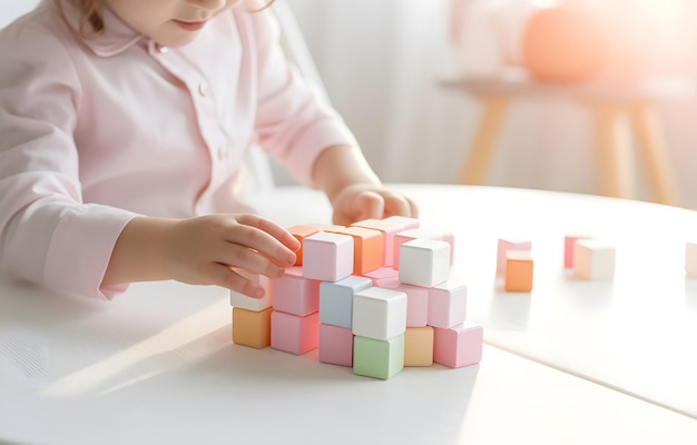 mani dei bambini che giocano a cubetti di giocattolo su un tavolo di legno bianco morbido