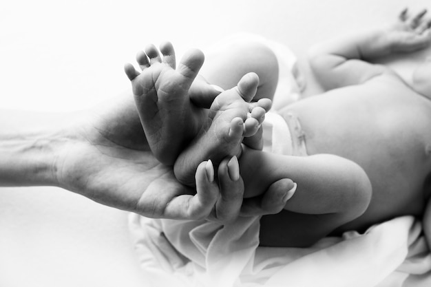 Mani dei genitori. Le gambe, i piedi del neonato nelle mani di mamma e papà. Foto di alta qualità
