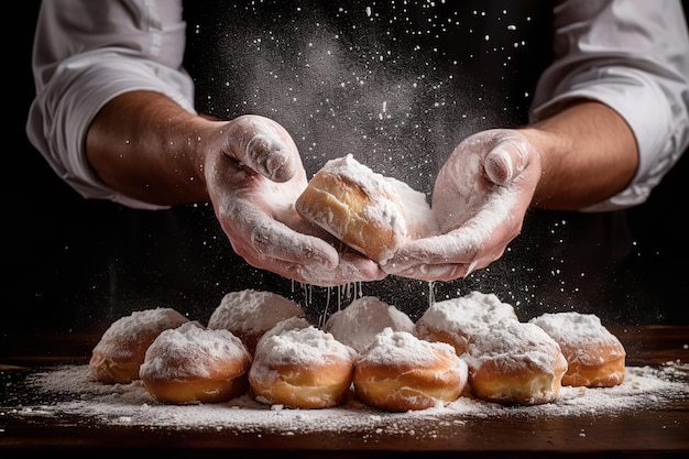 Mani dei panettieri che spruzzano zucchero a velo su un lotto