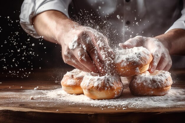 Mani dei panettieri che spruzzano zucchero a velo su un lotto