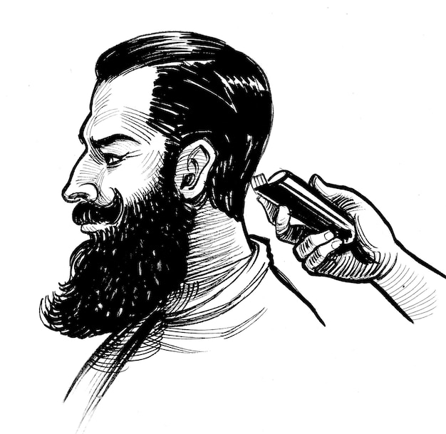 Mani del barbiere e testa del cliente barbuto disegno a inchiostro in bianco e nero in stile retro