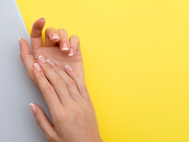 Mani delicate della donna con lo spazio giallo della copia