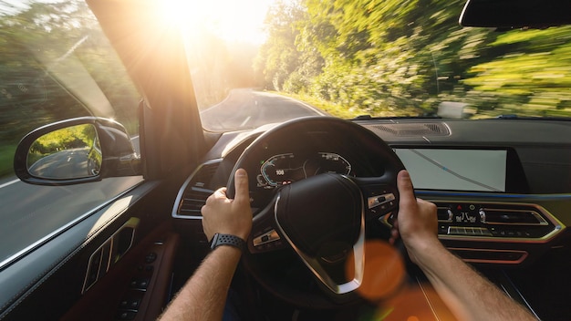 mani dell'automobilista sul volante, viaggio su strada, guida su strada forestale