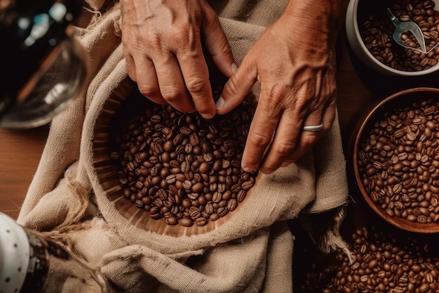 mani dell'uomo che fanno il caffè di smistamento