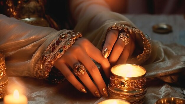 mani della donna araba di modo con la festa delle candele di diwali