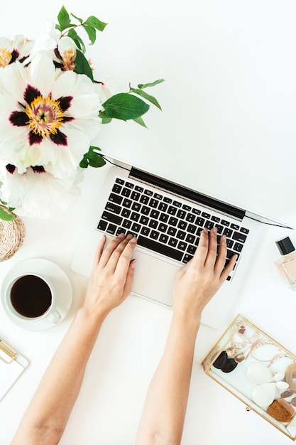 Mani della donna che lavorano al computer portatile