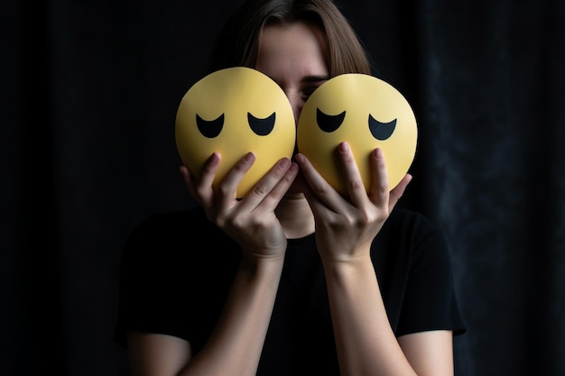 Mani della donna che tengono la faccia triste nascosta o dietro la faccina sorridente felice salute mentale bipolare e depressiva