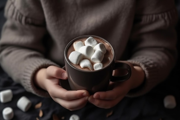 mani della donna che tengono tazza di cioccolato con marshmallow IA generativa