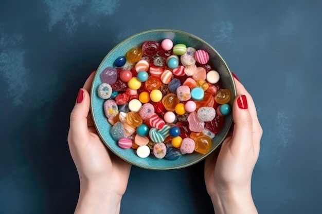 Mani della donna che tengono una ciotola di caramelle assortite su sfondo blu vista dall'alto IA generativa