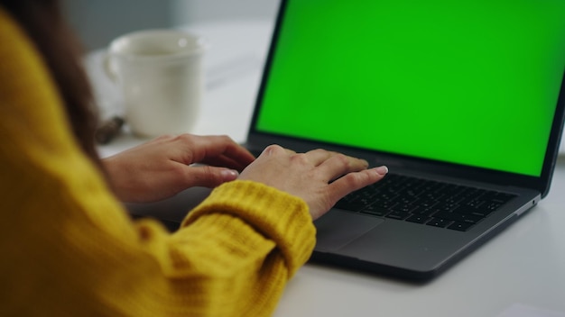 Mani della donna d'affari del primo piano che lavorano a Internet sul computer portatile Mani della ragazza che digitano sul taccuino con schermo verde al rallentatore Primo piano donna libera professionista che scrive lettera sul taccuino in ufficio