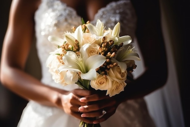 Mani della sposa nera con bouquet da sposa IA generativa