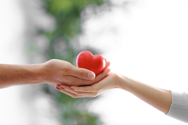 Mani delle coppie con il primo piano rosso del cuore