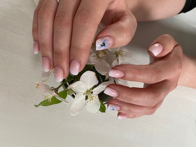 Mani delle donne con una manicure rosa tenue naturale