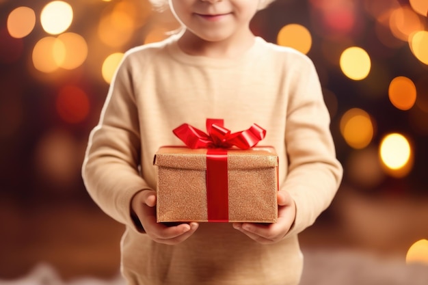 mani di bambini che tengono un regalo sullo sfondo di un albero di Natale e bokeh