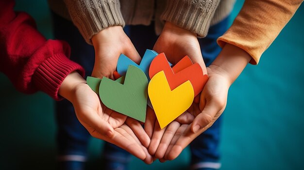 Mani di bambini con cuori di carta colorati