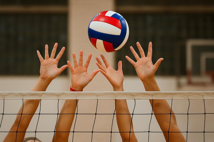 Mani di blocco di pallavolo che difendono contro Spike