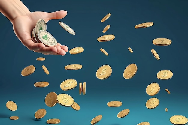Mani di cartone animato e monete da un dollaro che galleggiano nell'aria concetto di risparmio di denaro rendering 3D