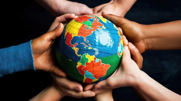 Mani di diverse etnie che tengono il simbolo del globo nella Giornata mondiale della democrazia