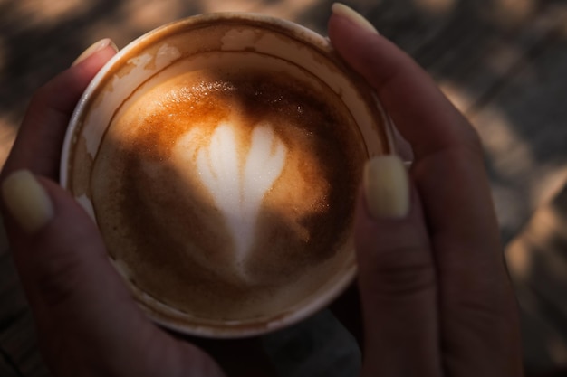 Mani di donna che tengono tazza di caffè cappuccino a forma di cuore