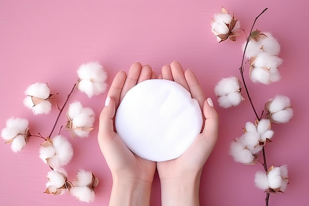 Mani di donna che tengono un batuffolo di cotone per il viso in schiuma di olio essenziale, lozione per siero e confezione di crema per gli occhi