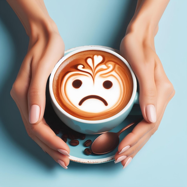 Mani di donna che tengono una tazza di caffè con faccia triste disegnata su caffè su sfondo blu pastello