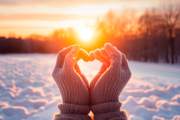 mani di donna con guanti d'inverno che fanno una forma di cuore con un paesaggio innevato e la luce del tramonto sullo sfondo