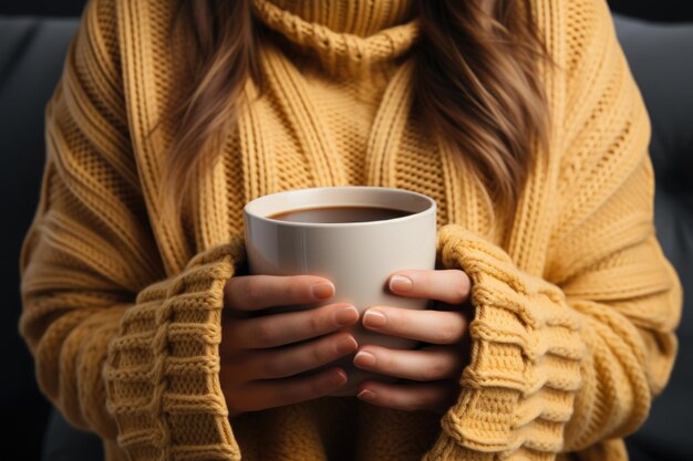 Mani di donna con il maglione che tiene una tazza di caffè caldo all'interno