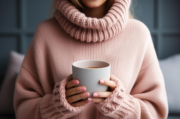 Mani di donna con il maglione che tiene una tazza di caffè caldo all'interno