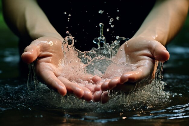 Mani di donna con spruzzi d'acqua su sfondo scuro