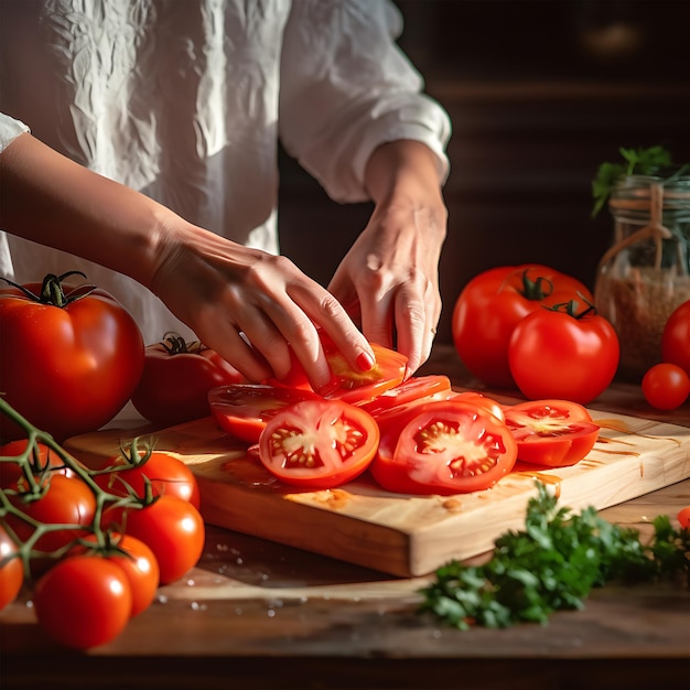 Mani di donna sconosciuta che cucinano in cucina pomodori rossi Concetto di frutta e cibo
