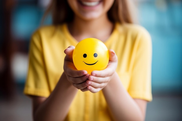 Mani di donne che tengono un sorriso giallo felice AI