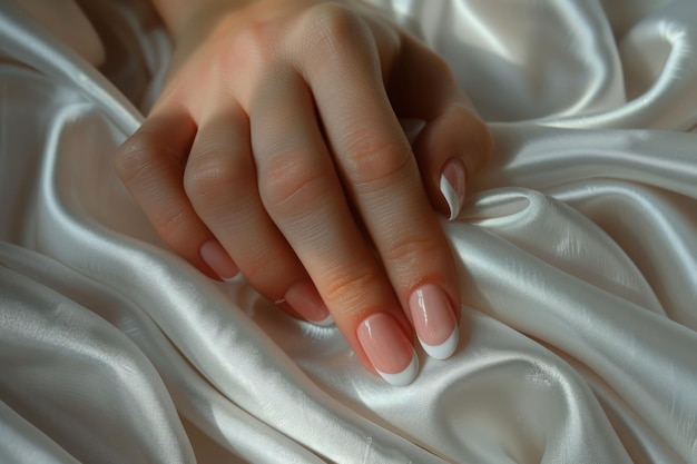 Mani di donne eleganti con unghie francesi lucchetto rosa e bianco su un tessuto bianco nail art