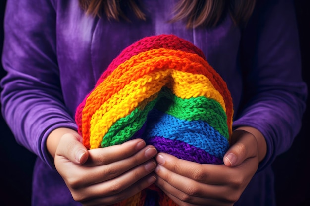 Mani di donne in primo piano che tengono un tessuto a maglia nei colori dell'arcobaleno della comunità LGBT