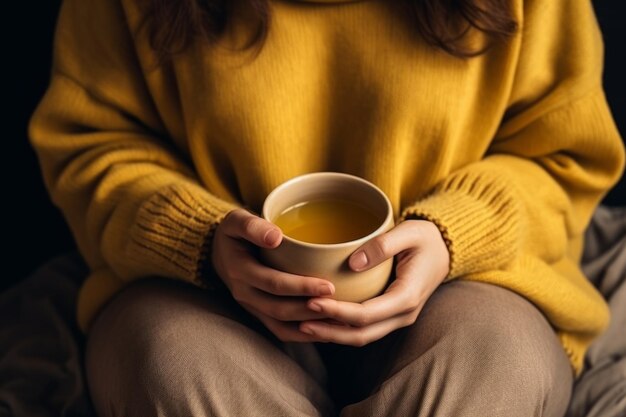 Mani di giovane donna che tengono una tazza di tè aromatica una tazza di foglie verdi tè caldo bevanda a vapore mattina