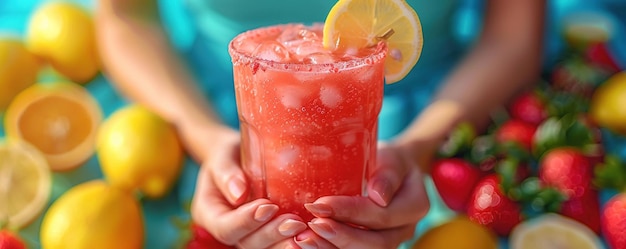 Mani di giovane donna con la limonata di fragole appena spremuta