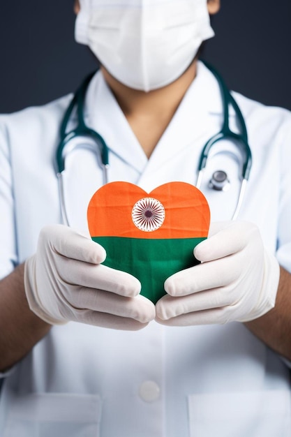 mani di medici che indossano guanti chirurgici che tengono la bandiera dell'India cuore