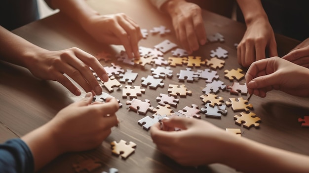 Mani di persone che giocano a un puzzle con uno di loro che tiene in mano un pezzo di puzzle