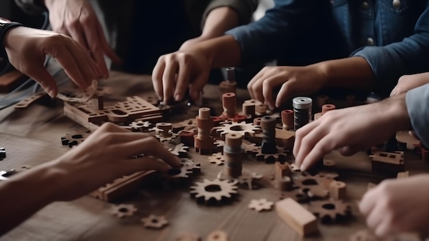 Mani di persone che giocano con pezzi di legno su un tavolo