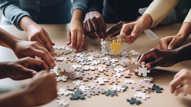 Mani di persone che lavorano insieme su un puzzle