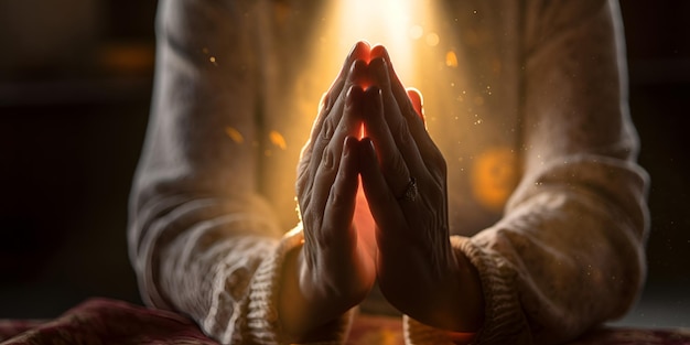 Mani di preghiera con luce mistica all'interno dell'IA generativa