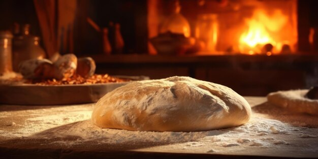 Mani di preparazione del pane che impastano la pasta sul primo piano del tavolo IA generativa