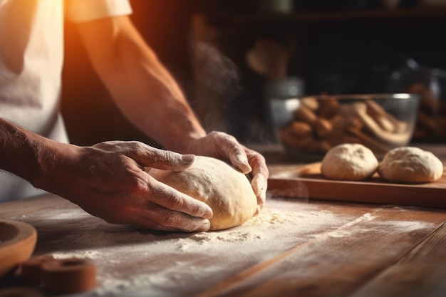 Mani di preparazione del pane che impastano la pasta sul tavolo IA generativa