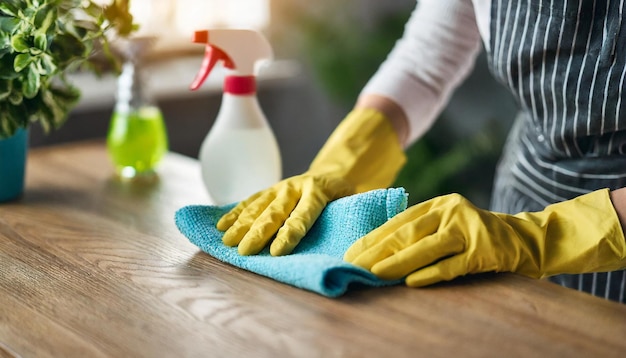 mani di pulizie femminili in guanti che simboleggiano diligenza e dedizione nei compiti di pulizia domestica