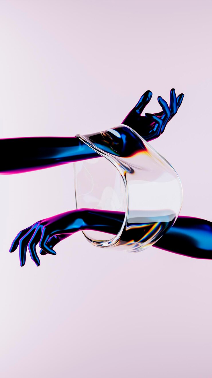 Mani di rendering 3d che tengono una striscia di vetro Interazione delle persone Illustrazione astratta delle relazioni umane