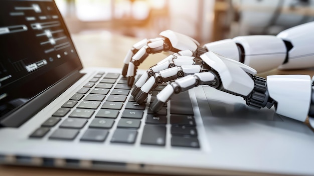 Mani di robot che digitano testo su una tastiera di laptop