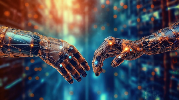 Mani di robot e umani che toccano sullo sfondo della connessione di rete di big data AI generativa