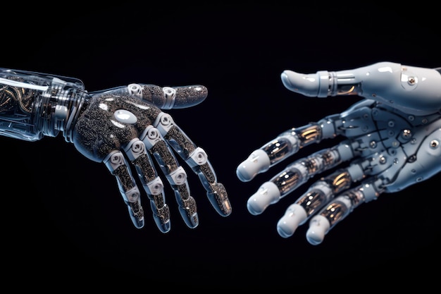 Mani di robot su sfondo digitale AI e attività di apprendimento automatico