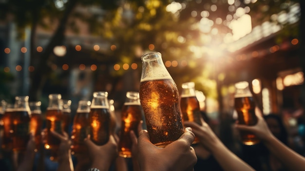 Mani di un gruppo di persone irriconoscibili che brindano con bottiglie di birra alla festa all'aperto