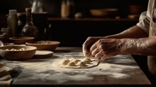 Mani di un uomo che impasta la pasta su un tavolo di legno ai generativo