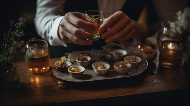 Mani di un uomo che tiene un bicchiere di whisky in un ristorante